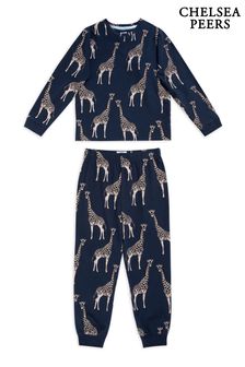 Chelsea Peers Blue Kids Organic Cotton Giraffe Print Long Pyjama Set (AL7687) | HK$391