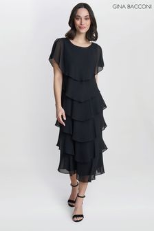 Gina Bacconi Tessa Midi Tiered Black Dress With Shoulder Trim (AL9667) | DKK2,420