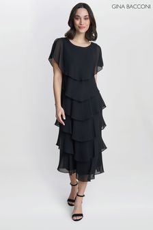 Gina Bacconi Tessa Midi Tiered Black Dress With Shoulder Trim (AL9667) | $411