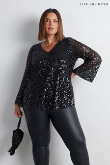 Live Unlimited Black Curve Mesh Sequin Long Sleeve Top (AM1822) | $135