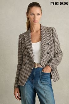 Reiss Navy Neutral Check Evie Cotton-Linen Double-Breasted Houndstooth-Check Blazer (AM3667) | $527