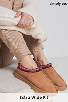 Simply Be Brown Embriodery Full Mule Slippers In Extra Wide Fit (AM6335) | $45