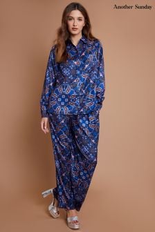 Another Sunday Oversized Blue Cobalt Animal Paisley Print Satin Shirt Co-ord (AM9659) | $69