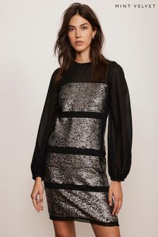 Mint Velvet Black Sequin Panel Mini Dress (AN1083) | $341