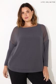 Live Unlimited Grey Curve Overlay Chiffon Top with Jersey Sleeves (AN2190) | $101