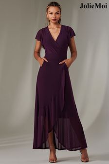 Jolie Moi Dark Purple Plain Wrap Mesh Maxi Dress (AN3001) | $135