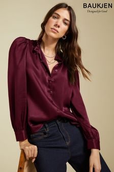 Baukjen Red Evelyn Satin Frill Neck Blouse (AN4337) | $221