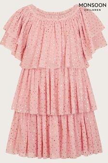 Monsoon Pink Metallic Star Tiered Mesh Dress (AN6866) | $62 - $70