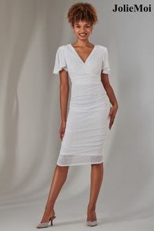 Jolie Moi White Flare Sleeve Ruched Sequin Dress (AN7443) | $135