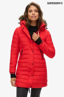 Superdry Red Faux Fur Hooded Mid Length Puffer Jacket (AN8631) | $188