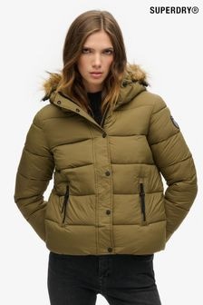 Superdry Green Faux Fur Short Hooded Puffer Jacket (AN8653) | $188