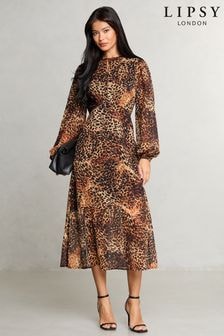 Lipsy Natural Printed Long Sleeve Woven Underbust Midi Dress (AN9347) | $106