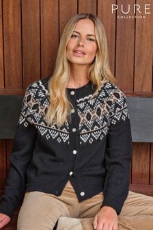 Pure Collection Wool Cashmere Fairisle Black Cardigan with Diamante Button (AN9393) | $274