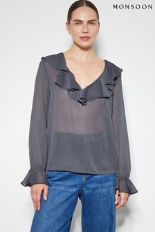 Monsoon Grey Emmy Sheer Sparkle Frill Blouse (AN9578) | 387 SAR