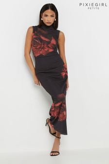 PixieGirl Petite Black Rose Print Floral Mesh Dress (AP4060) | $63