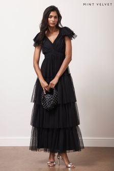 Mint Velvet Black Spot Tulle Ruffle Maxi Dress (AR9646) | $392