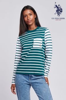 U.S. Polo Assn Green Womens Mixed Stripe Long Sleeve 100% Cotton T-Shirt (AT2813) | €57