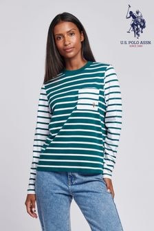 U.S. Polo Assn Green Womens Mixed Stripe Long Sleeve 100% Cotton T-Shirt (AT2813) | $69