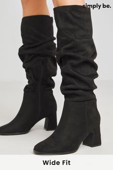 Simply Be Black Ruched Knee High Heeled Boots In Wide Fit Curvy Plus Calf (AT2976) | €102