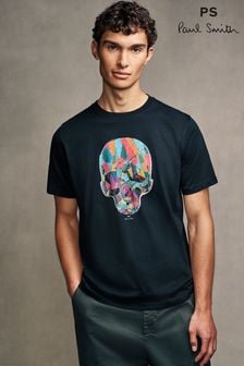 Paul Smith 100% Cotton Multi Skull Graphic Print Black T-Shirt (AT3125) | $120