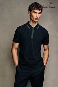 Paul Smith Stretch Cotton Zip Neck Tipped Collar Black Polo Shirt (AT3127) | $154