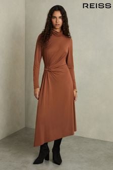 Reiss Camel Casey Draped Jersey Midi Dress (AT5933) | $279