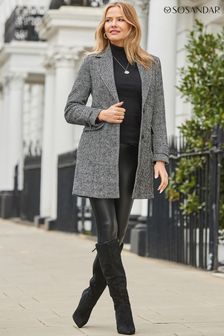 Sosandar Black Herringbone Longline Coat (AT6391) | $199