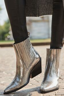 Sosandar Silver Leather Western Stack Heel Boots (AT6517) | $204