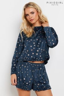 PixieGirl Petite Blue Luxe Fleece Foil Star Pyjama Short Set (AT9878) | $58