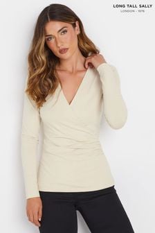 Long Tall Sally Cream Long Sleeve Cotton Wrap Top (AU0264) | kr440