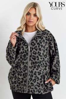 Yours Curve Grey Leopard Print Teddy Borg Jacket (AU1596) | $53