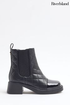 River Island Black Girls Faux Leather Quilt Heel Boots (AU5113) | $51