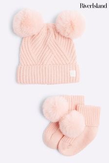 River Island Pink Baby Girls Knitted Bootie and Beanie Set (AU5225) | €22