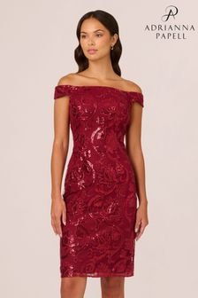 Adrianna Papell Studio Red Off Shoulder Sheath Dress (AU7302) | $255