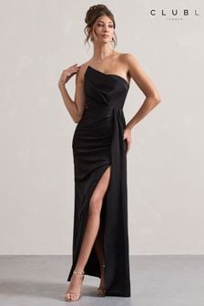 Club L London Black Hollywood Satin Strapless Draped Maxi Dress (AU7584) | €126