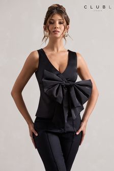 Club L London Black Adoration Satin Plunge-Neck Top With Bow (AU7589) | INR 9,075