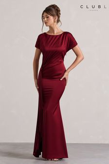 Club L London Red Ambrosia Satin Pleated Maxi Dress With Drape (AU7594) | €154