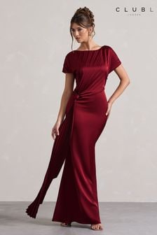 Club L London Red Ambrosia Satin Pleated Maxi Dress With Drape (AU7594) | $206