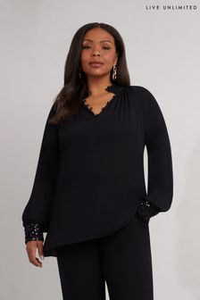 Live Unlimited Black Long Sleeve Sequin Cuff Blouse (AU8957) | $95