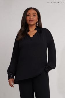 Live Unlimited Black Long Sleeve Sequin Cuff Blouse (AU8957) | $118