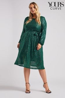 Yours Curve Green London Sequin Long Sleeve Skater Dress (AU9371) | $108