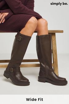 Simply Be Brown Casual Double Buckle Detail Knee High Boots In Wide Fit (AV2328) | $103