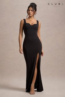 Club L London Black Ashburn Strappy Sweetheart Split Maxi Dress (AV7517) | $146