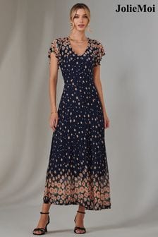 Jolie Moi Blue Gina Mirrored Print Mesh Maxi Dress (AV8590) | $135