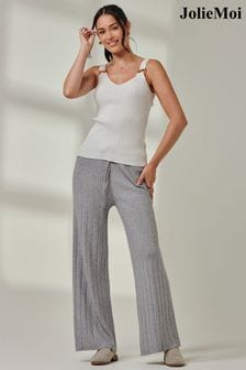 Jolie Moi Grey Knitted Ribbed Wide Leg Trousers (AV8597) | €54