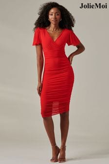 Jolie Moi Red Plain Angel Sleeve Ruched Bodycon Dress (AV8745) | $129