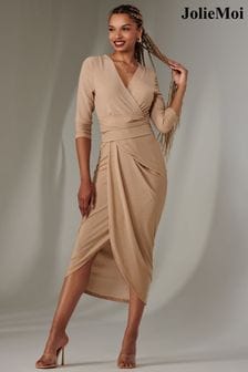 Jolie Moi Nude Wrap Ruched Sparkly Jersey Dress (AV8780) | €94