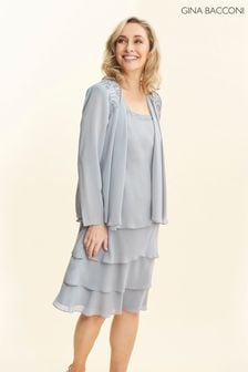 Gina Bacconi Grey Camira Lace Shoulder Bead Tier Jacket Dress (AW0271) | €388