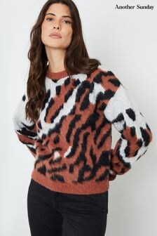 Another Sunday Orange Animal Tiger Print Cropped Brushed Knitted Jumper (AW2134) | $55