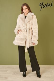 Yumi Cream Luxe Faux Fur Swing Coat With Tie Belt (AW3286) | $206